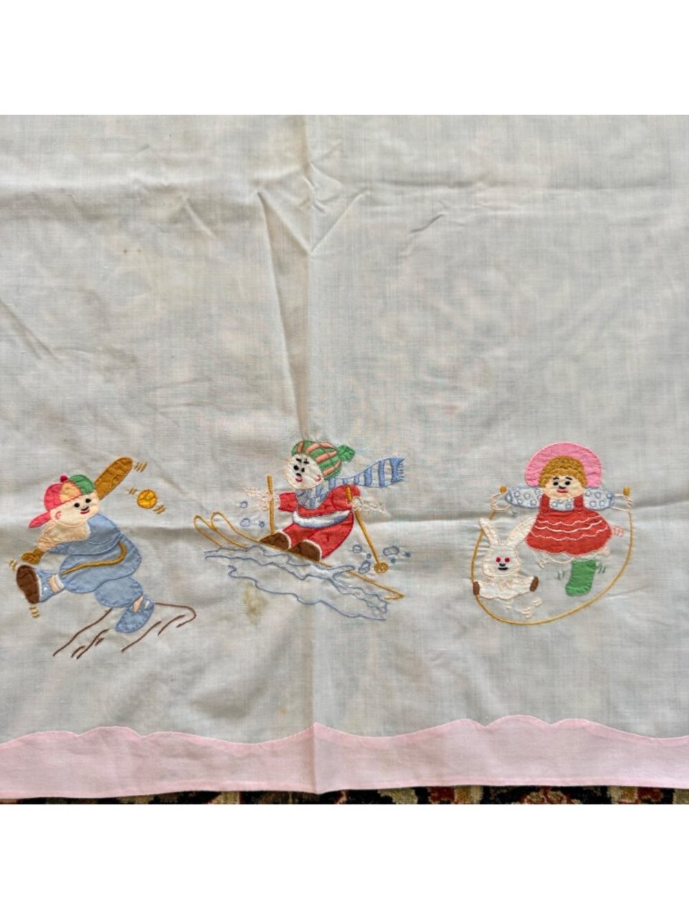 Vintage Embroidered Baby Crib Flat Sheet Jump Rope Skiing Baseball White Pink - Picture 9 of 9